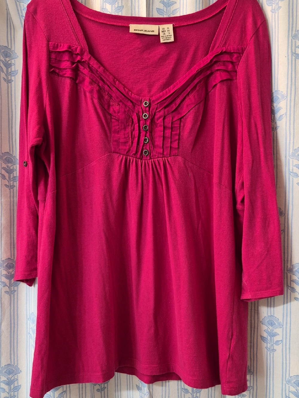 DKNY Jeans Women's Baby Doll Berry button front Pleated Tunic Top Sz XL